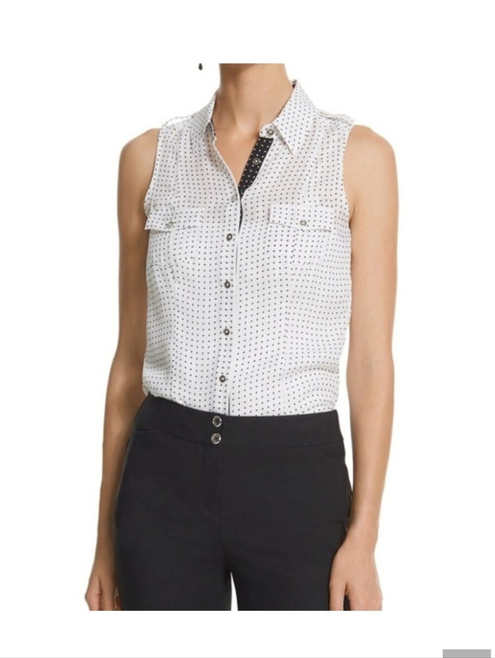 NEW White House Black Market sleeveless blouse features a white and black polka